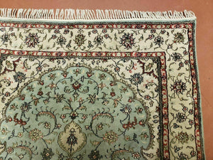 Silk Turkish Kayseri Rug 3x5, Light Mint Green and Ivory, Vintage Fine Silk Hand Knotted Oriental Carpet 3 x 5 ft, Floral Medallion, Nice