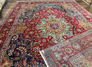 Wonderful Persian Tabriz Rug 10x14, Antique Persian Carpet, Handmade Wool Rug, Floral Medallion, Red Navy Blue, Colorful, Large Persian Area Rug