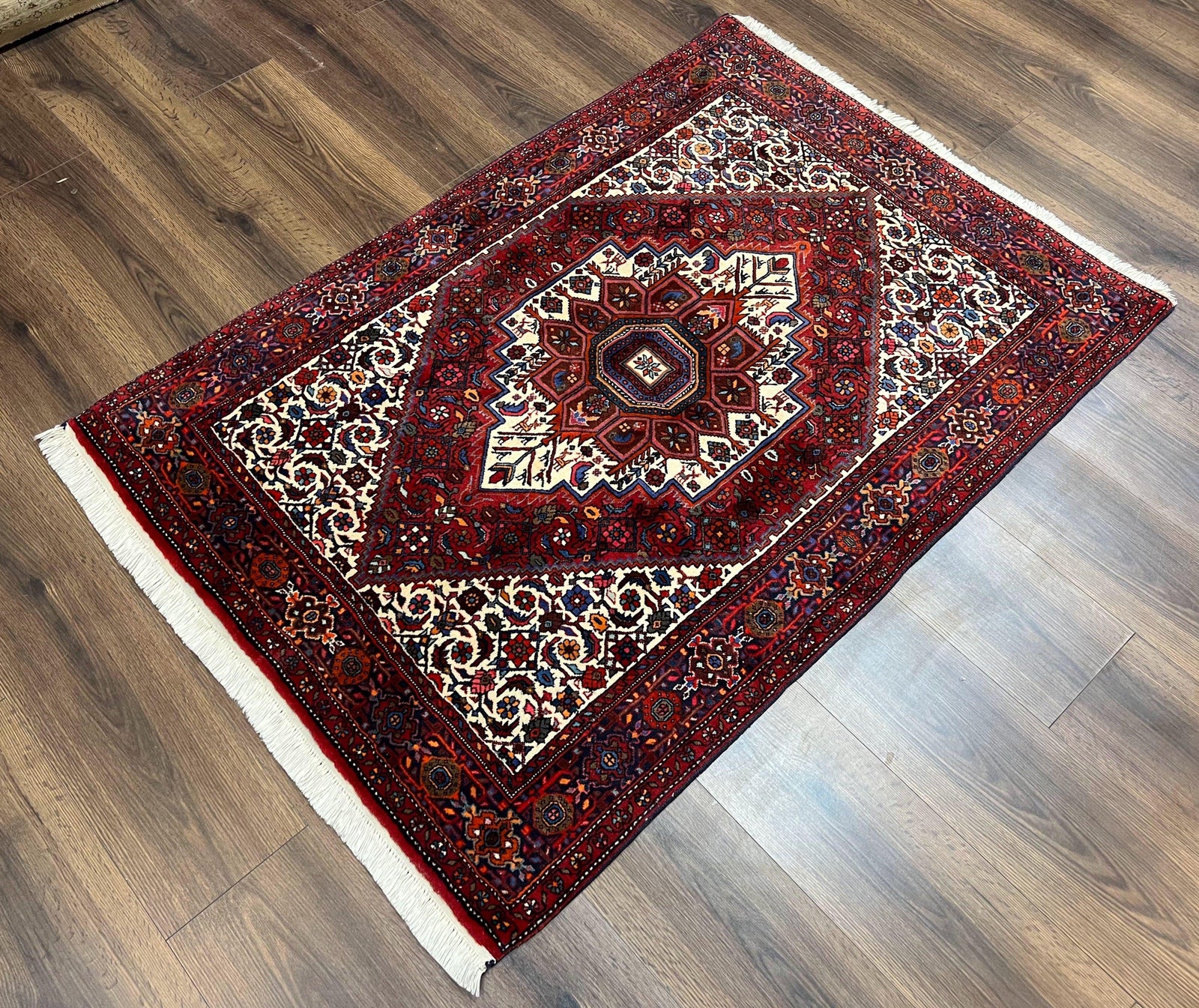 Fine Persian Bidjar Rug 3x5, Geometric Medallion Oriental Bijar Carpet 3 x 5 ft, Ruby Red and Cream, Hand Knotted Wool Rug, Semi Antique Tribal Rug, Nice