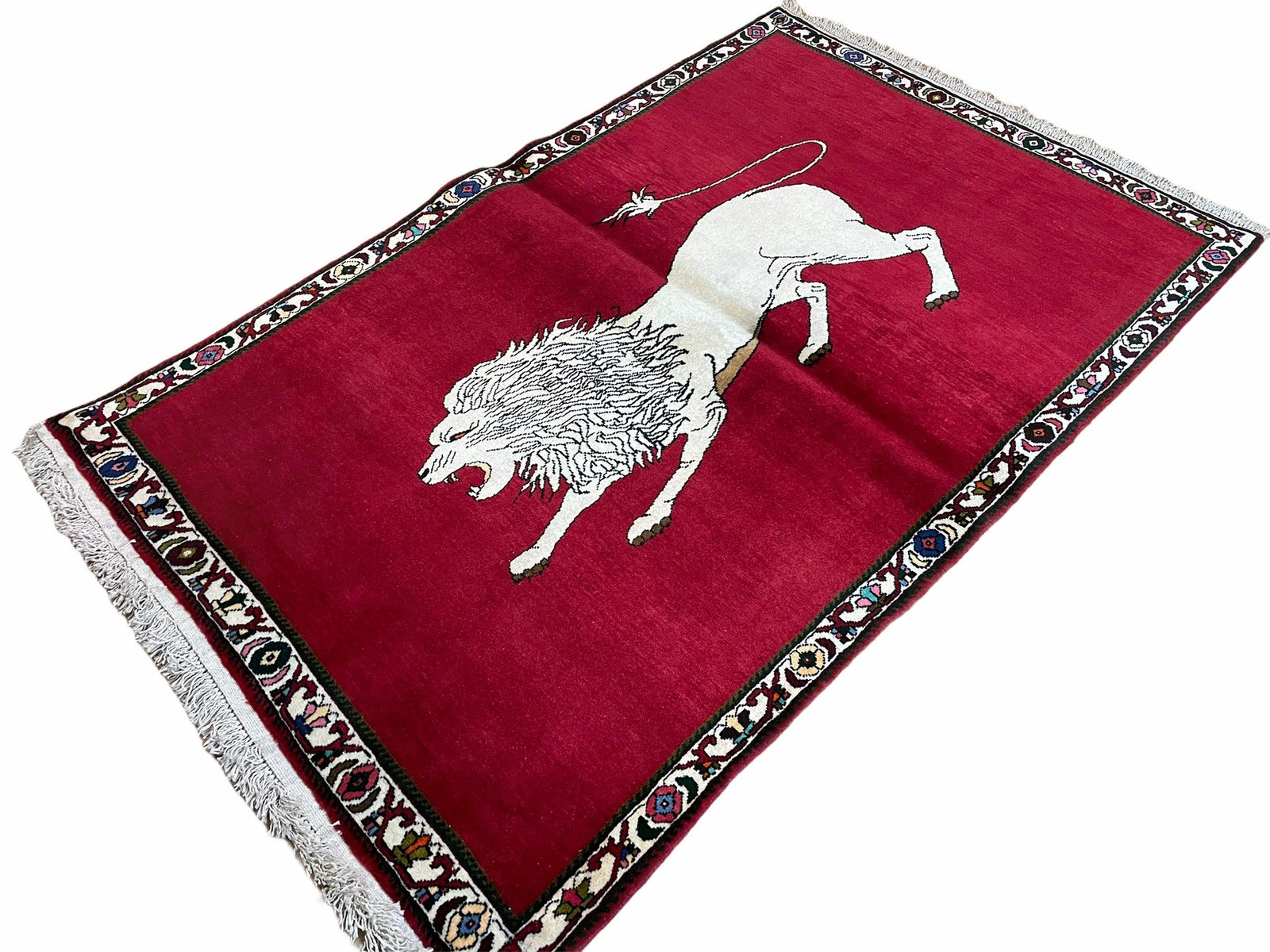 4 X 6 Handmade Hand-Knotted Quality Wool Rug Zagros Lion Red Ivory Tribal Rug