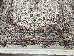 Beautiful Pak Persian Rug 6x9, Floral Medallion, Wool and Silk, Highly Detailed Elegant Carpet, Vintage Oriental Rug 6 x 9, Cream and Gray