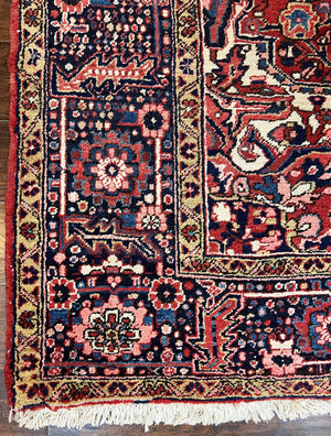 Persian Heriz Rug 8x12, Vintage Geometric Medallion Carpet, Semi Antique Wool Handmade Room Sized Oriental Rug 8 x 12, Red Dark Blue Ivory
