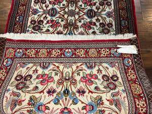 Wonderful Persian Qum Runner Rug 2.8 x 10 ft, Floral Medallions with Bird Motifs, Hand Knotted Wool Fine Oriental 10ft Hallway Runner, Cream Red