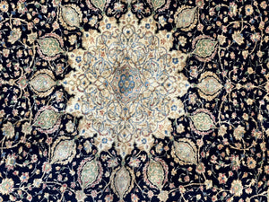 Large Persian Kerman Rug 10x14, Navy Blue and Beige, Floral Medallion, Traditional Elegant Persian Carpet, Signed by Masterweaver