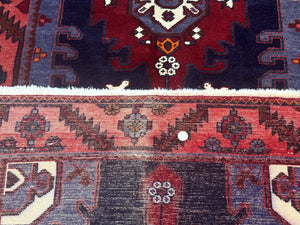 Persian Karajeh Runner Rug 3.6 x 9.5, Geometric Medallions, Tribal Village Rug, Navy Blue, Handmade