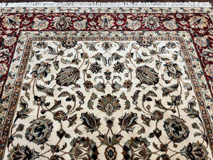 Indo Persian Rug 8x10, Wool Hand Knotted Vintage Carpet, Ivory Maroon, 8 x 10 Traditional Oriental Rug, Floral Allover Rug