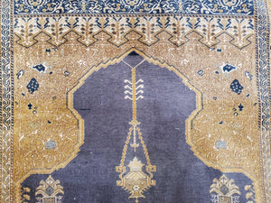 Rare Turkish Ghiordes Prayer Rug 4 x 5.8 ft, Late 19th Century Turkish Oriental Carpet, Mehrab Antique Prayer Rug, Museum Quality, Blue, Tan