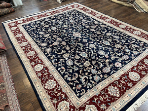 Indo Perisan Rug 9x12, Floral Allover, Midnight Blue and Dark Red Room Sized Carpet 9 x 12 ft, Hand Knotted Wool Vintage Indian Oriental Rug