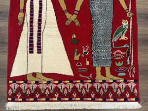 Egyptian Pictorial Rug 3x4, Hieroglyphic Pictorial Rug, Egyptian Prince and Princess, Cleopatra, Vintage Handmade, Red