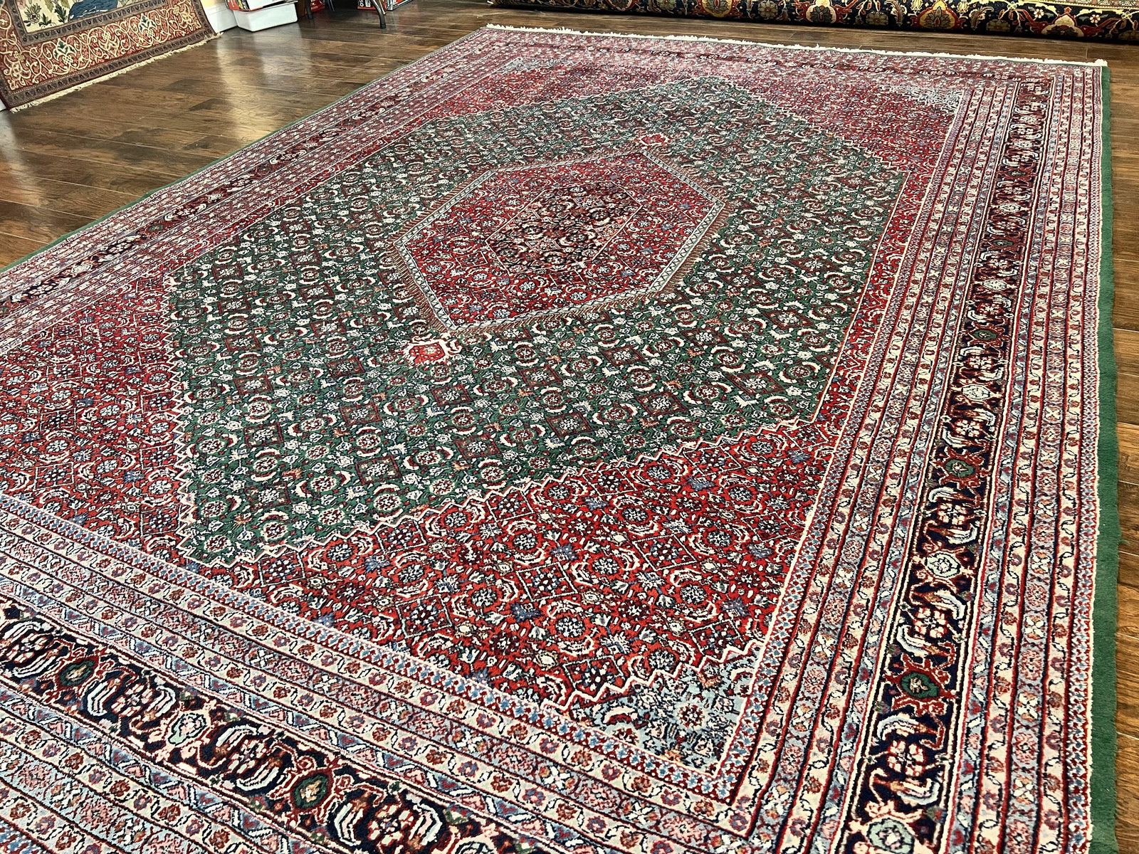Indo Persian Rug 10x14, Bidjar Rug 10 x 14, Wool Hand Knotted Vintage Carpet, Red & Green Herati Pattern, Large Room Sized Oriental Rug