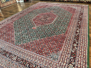 Indo Persian Rug 10x14, Bidjar Rug 10 x 14, Wool Hand Knotted Vintage Carpet, Red & Green Herati Pattern, Large Room Sized Oriental Rug