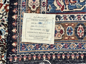 Persian Mashad Rug 7x10, Floral Medallion, Wool Hand Knotted Vintage Oriental Carpet, Blue & Ivory, Traditional Room Sized Rug