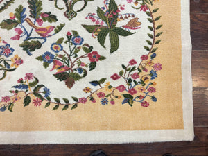 Power Loomed Rug 8x11, Ivory and Multicolor Floral Panel Pattern, Flowers, Butterflies, Vintage