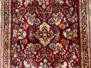 Antique Persian Sarouk Rug 4x6, Floral, Red, Wool Hand Knotted Fine 225 KPSI
