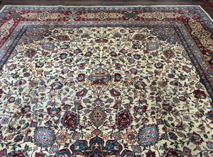 Persian Mashad Rug 10x16, Palace Size Handmade Wool Carpet, Cream Red, Floral Medallion, Vintage