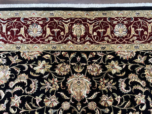 Indo Persian Rug 8x10, Black and Maroon Floral Allover Wool and Silk Oriental Carpet 8 x 10 ft, Hand Knotted Traditional Vintage Room Sized