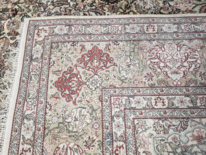 Vintage Indian Room Sized Silk Rug 8x10, Indo Kashmiri Carpet, Hand-Knotted Persian Oriental Carpet, Floral Medallion Allover Pattern, Ivory