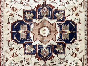 Indo Heriz Rug 9x12, Geometric Indo Persian Room Sized Decorative Area Rug 9 x 12 ft, Cream Navy Blue Pink Handmade Vintage Wool Carpet