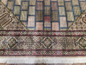 Sino Persian Silk Rug 6.4 x 9.9, Very Fine Hand Knotted Carpet, Panel Design Multicolor, Silk Pile on Silk Foundation, Handmade Vintage