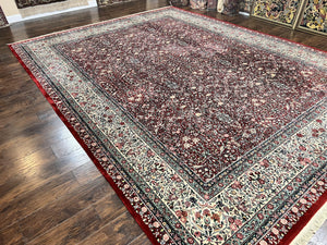 Pak Persian Rug 11x15, Wool & Silk Highlights Hand Knotted Vintage Carpet, Red Cream, Floral Allover, Oversized Kirman Rug