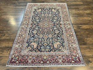 Persian Kashan Rug 4x7, Floral Medallion Vintage Handmade Hand Knotted Navy Blue & Red Wool Oriental Carpet, Highly Detailed Semi Antique Rug