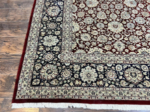 Sino Persian Rug 9x12, Floral Allover Pattern, Wool Vintage Carpet, Dark Maroon Red, 9 x 12 Traditional Room Sized Rug, Finely Hand Knotted