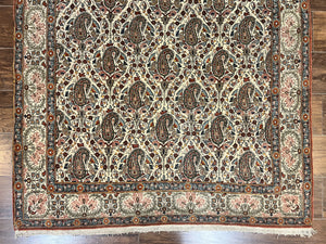 Persian Qum Rug 5x6, Cream Wool Hand Knotted Carpet, Repeated Boteh Paisely Design, Semi Antique Vintage Rug, Very Fine Weave 5 x 6 Rug