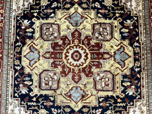 Indo Persian Heriz Rug 8x10, Geometric Medallion, Serapi Carpet, Wool Vintage Rug