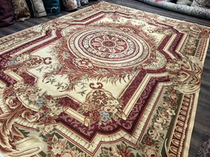 Large Aubusson Rug 10x13, Thick Flatweave Carpet, Elegant European Design, Cream and Raspberry