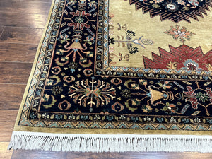 Indo Persian Heriz Rug 8x12, Camel Hair Tan and Navy Blue, Decorative