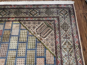 Sino Persian Silk Rug 6.4 x 9.9, Very Fine Hand Knotted Carpet, Panel Design Multicolor, Silk Pile on Silk Foundation, Handmade Vintage