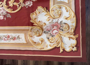 Aubusson Rug 9x12, Red Ivory Gold Tan, Handmade Hand Woven Aubusson Savonnerie Carpet, Vintage Flatweave Room Sized Aubusson Area Rug 9 x 12