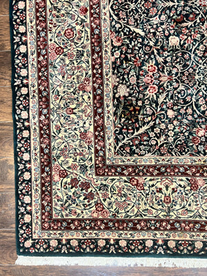 Large Sino Persian Rug 10x14, Wool Hand Knotted Vintage Carpet, Dark Green & Beige, Kirman Floral Rug, Fine Weave, Traditional, Large