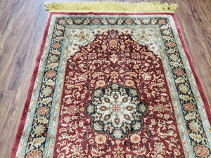 3x5 Silk Hand-Knotted Rug, Silk Oriental Carpet 5 x 3, Red & Ivory, Floral Medallion, Gold Fringes, Semi Antique Vintage Traditional Rug