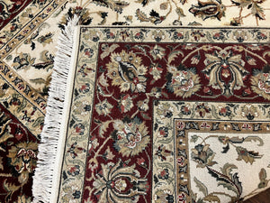 Indo Persian Rug 8x10, Wool Hand Knotted Vintage Carpet, Ivory Maroon, 8 x 10 Traditional Oriental Rug, Floral Allover Rug