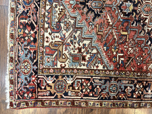 Antique Persian Heriz Rug 6x8, Geometric Medallion, 1920s Oriental Carpet, Handmade Wool Rug