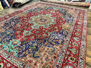 Wonderful Persian Tabriz Rug 10x14, Antique Persian Carpet, Handmade Wool Rug, Floral Medallion, Red Navy Blue, Colorful, Large Persian Area Rug
