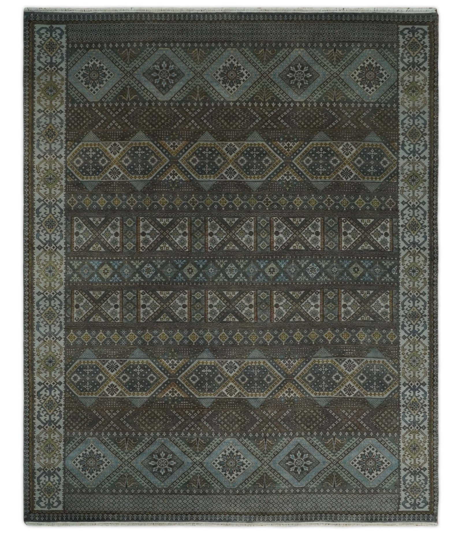 8x10 Fine Hand Knotted Brown and Blue Southwestern Traditional Antique Area Rug
