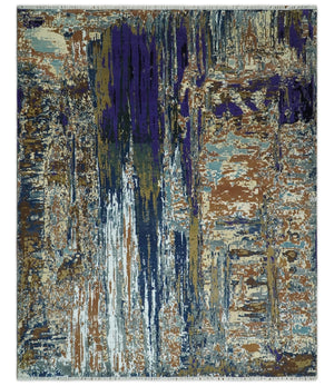 8x10 Fine Hand Knotted Blue And Brown Modern Abstract Wool and Bamboo Silk Area Rug