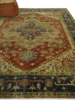 8x10 Gold, Rust and Charcoal Heriz Serapi Traditional Vintage Turkish Style Antique Look Hand Knotted Wool Area Rug | N361810