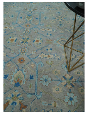 8x10 Hand Tufted Gray, Beige and Accent Blue Traditional Herati Design Wool Rug