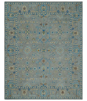 8x10 Hand Tufted Gray, Beige and Accent Blue Traditional Herati Design Wool Rug