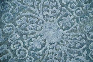8x9.7 Blue Antique Style, Distressed Finish Hand Carved Traditional Medalian Hand Knotted Wool and Silk Rug