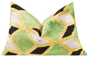 Canvello Handmade Velvet Geometric Pillow – 16x24 Luxury Decorative Throw Cushion for Home Decor – Feather Down Insert, Vegetable-Dyed, Vibrant Green and Yellow Accent for Sofa, Couch & Furniture,