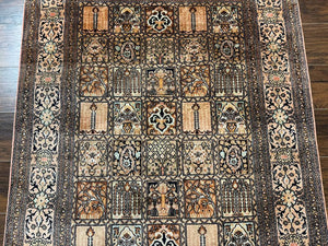 Indian Kashmiri Silk Rug 4x6, Panel Design, Multicolor, Fine