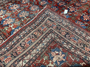 Antique Persian Bijar Rug 9x12 - Allover Motif, Red & Blue