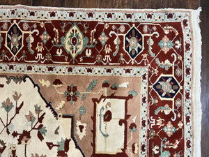 Indo Heriz Rug 9x12, Geometric Indo Persian Room Sized Decorative Area Rug 9 x 12 ft, Cream Navy Blue Pink Handmade Vintage Wool Carpet