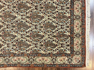 Persian Qum Rug 5x6, Cream Wool Hand Knotted Carpet, Repeated Boteh Paisely Design, Semi Antique Vintage Rug, Very Fine Weave 5 x 6 Rug