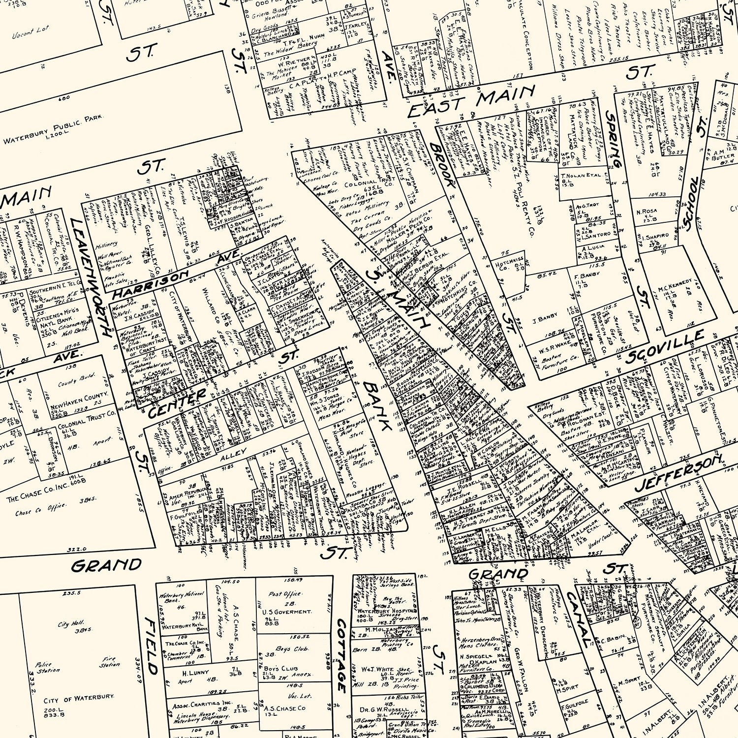 Vintage Map of Waterbury, CT Business Section 1929