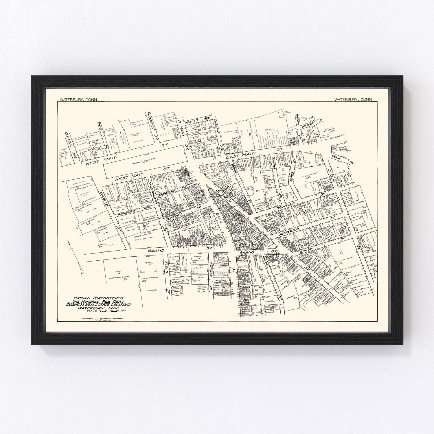 Vintage Map of Waterbury, CT Business Section 1929
